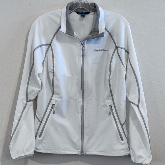 Eddie Bauer Women's Jacket White Gray Trim SZ M Zip Front Closure Front Pockets - Picture 1 of 16